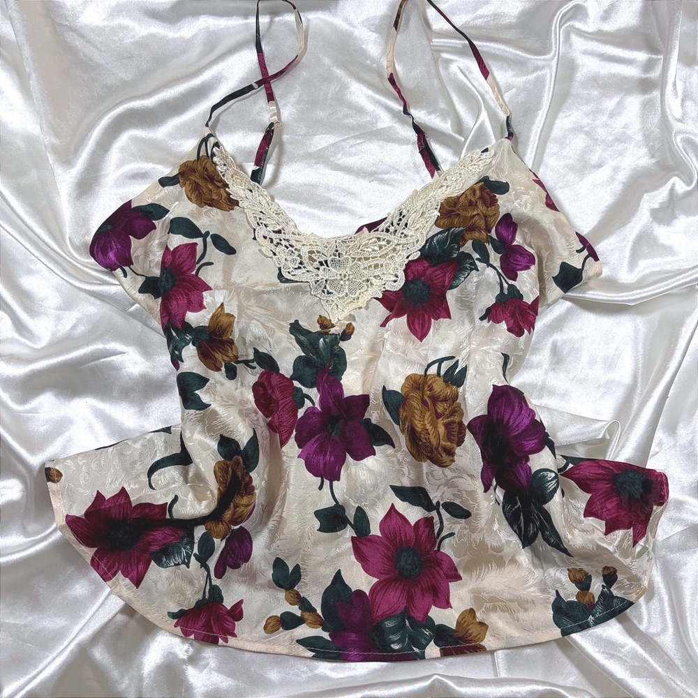 Vintage Cami Top Cream Purple Floral Excellent 100% Silk Lace Trim Camisole
